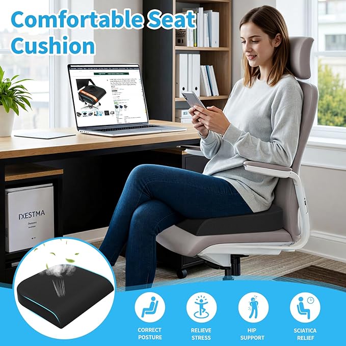 Large Seat Cushion，Soft Foam Cushion for Long Sitting Hours on Office Chair, Home & Car, Non-Slip Chair Pad for Relieving Back & Sciatica & Hip & Coccyx Pain (Black)