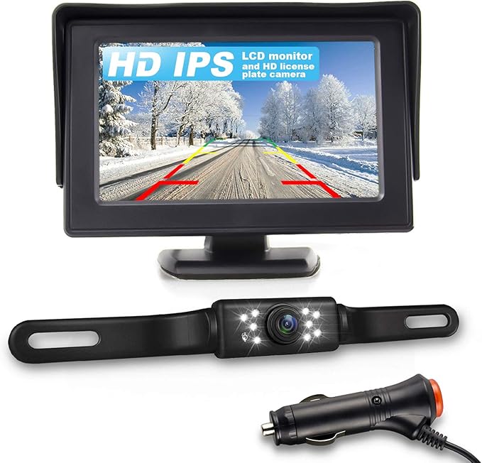JPP HD Backup Camera and Monitor Kit - 4.3" IPS FHD Color Display, Waterproof Night Vision License Plate Reverse Camera for Car/RV/Truck/Pickup