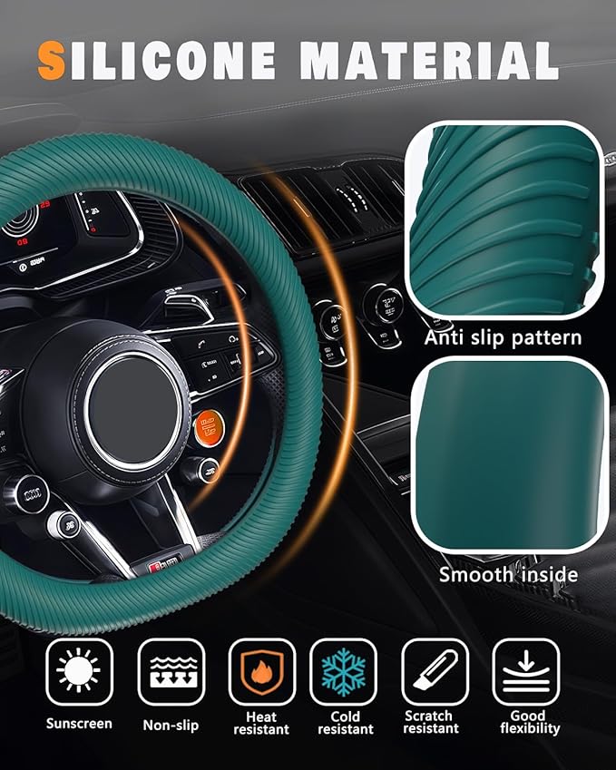 WOCOCN Car Steering Wheel Cover, Thin Anti-Skid Silicone Steering Wheel Cover for Men & Women, Universal Automotive Interior Accessories for Most Cars (Dark Green)
