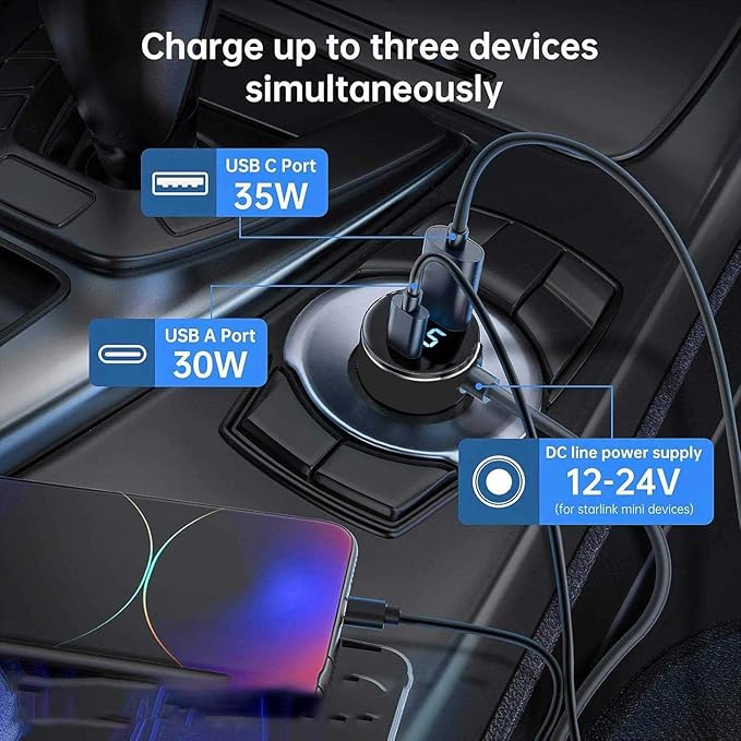 Car Charger for Starlink Mini, 3-in-1 DC Power Cable with 10FT Cord, 12V-48V Cigarette Lighter Adapter, 140W USB-C + 35W USB-A, Digital Voltage Display, for Car/RV/Boat