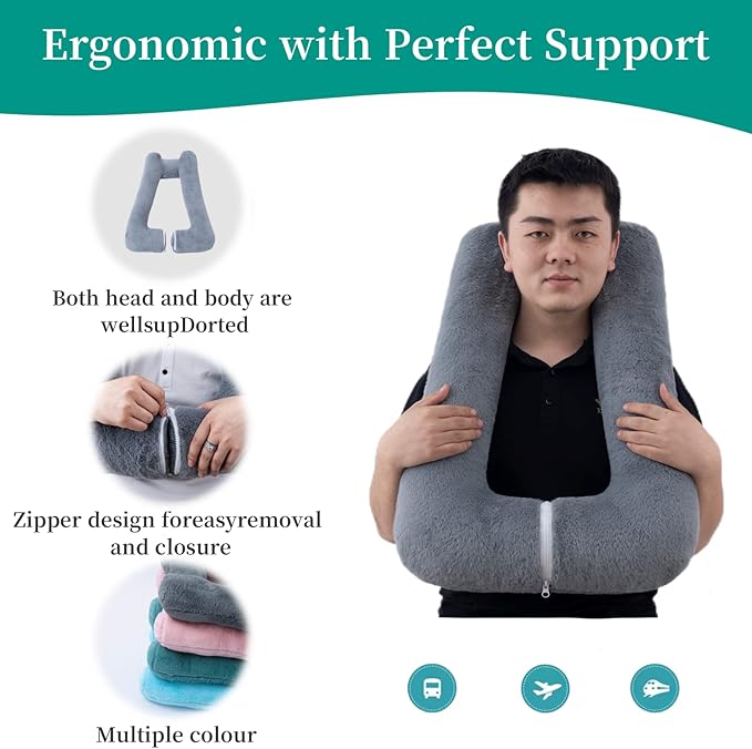 Travel Pillow Upgraded Version of Aircraft Travel Neck Pillow with Storage Bag, Sleep Pillows for Travel by Train, Car, or Plane, Supporting the Head and Body, Travel Pillow for Kids Grey