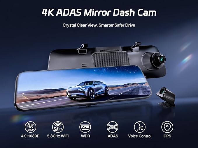 Pelsee P12 Pro 4K Mirror Dash Cam w/ADAS and BSD, 5.8GHz WiFi 20MB/s Download, Rear View Mirror Camera 4K Front and 1080P Rear, Voice Control, GPS, Color Night Vision, 12" Touch Screen,32G Memory Card