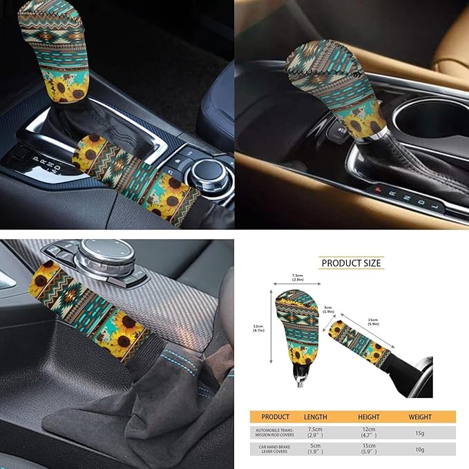 FKELYI Aztec Sunflower Car Seat Covers Full Set - Headrest, Steering Wheel Protector, Handbrake & Gear Shifter Covers, Cup Coasters