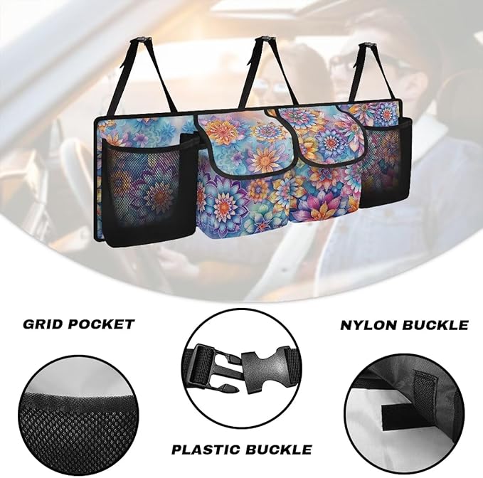 Car Trunk Organizer Boho Mandala Floral Flowers Back Seat Car Organizer with Adjustable Straps for Women Car Backseat Trunk Organizer
