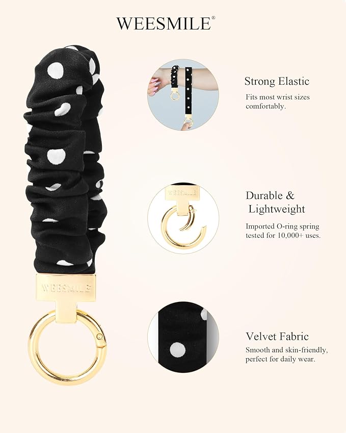 WEESMILE Keychain Wristlet, Stretchy Key Chain for Car Keys with D ring, Cute Scrunchie Wrist Bracelet for Women Men