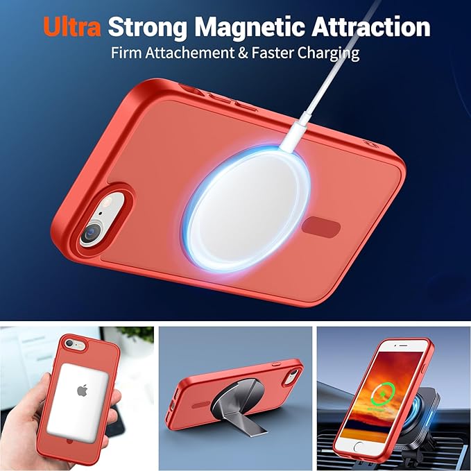 SUPFINE Magnetic for iPhone SE Case 2022 (3rd)/2020 (2nd), iPhone 8 Case (Compatible with MagSafe) (Military Grade Drop Protection) Slim Translucent Matte Phone Case,Red