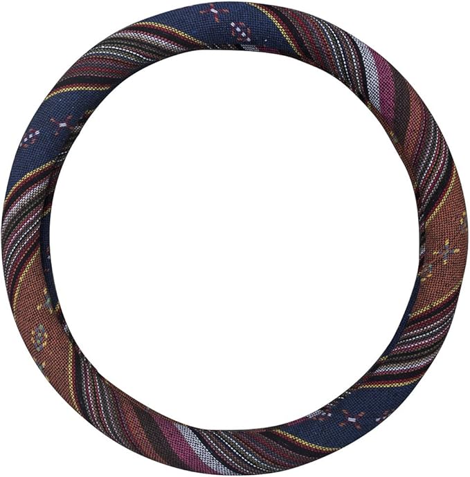 Large Ethnic Style Coarse Flax Cloth Automotive Steering Wheel Cover Anti Slip and Sweat Absorption Auto Car Wrap Cover (15.25''-16'', F)