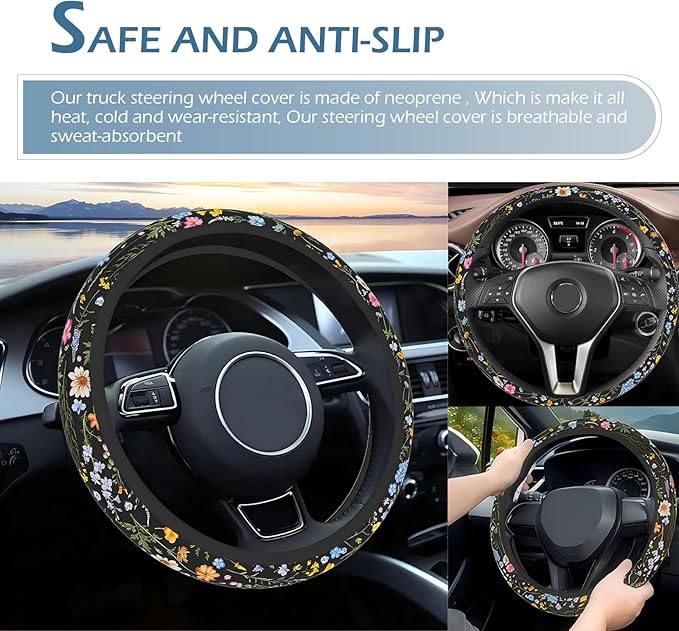 Flower Steering Wheel Cover, Cute Breathable Steer Wheel Protection Cover, Auto Non-slip Wildflowers Steering Protector, Universal for Most Cars, Trucks, SUVs (Multicolored)