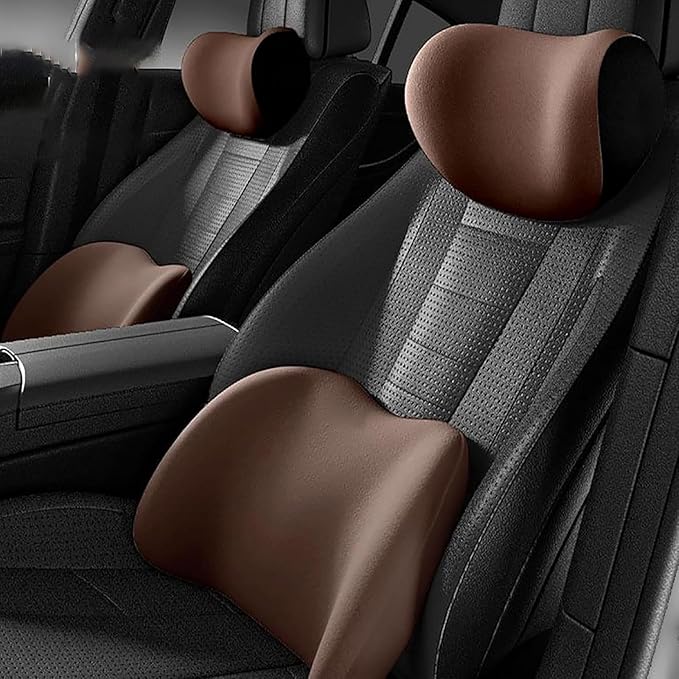 New Car Headrest & Lumbar Support Cushion for Hyundai Santa Fe 2001-2024, Ergonomic Memory Foam Seat Headrest Neck Rest Cushion Breathable Removable Cover for Neck Back Relief,C/Brown