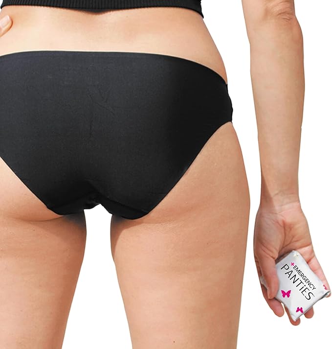 Emergency Panties 4in1 Kit Includes Seamless Bikini Underwear, Fresh Wipe & Liner Accidents Travel On-The-Go Hygiene Toiletry Kit Black Bikini