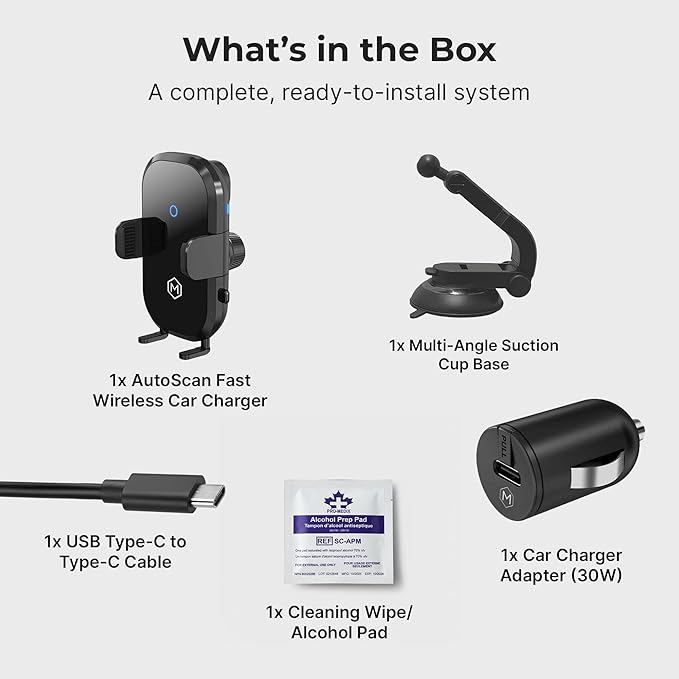 Auto Scan Fast Wireless Car Charger Phone Mount with Multi-Angle Adjustable Suction Cup – 15W Wireless Charging, Auto Scanning, Adjustable Grip for Phones 71mm-112.6mm