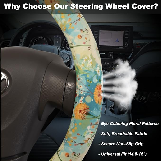 Dandelion & Wildflower Steering Wheel Cover for 14.5-15 Inch (37-38 cm) Wheels, Premium Fabric with Non-Slip Rubber Inner Ring (Dandelion & Wildflower)