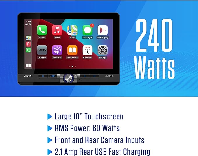 JENSEN J1CA10FL-R 10.1-inch Certified Apple CarPlay Android Auto Wired Wireless | LED Illuminated Light Ring | Single DIN & Double DIN Touchscreen Car Stereo | Bluetooth | Front & Rear Camera Inputs