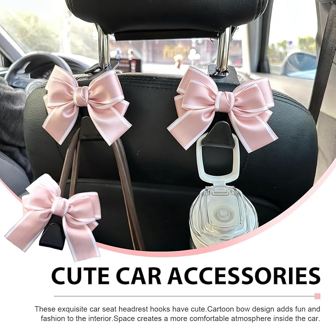 2PCS Car Seat Headrest Hooks, Cute Bow Purse Hook for Car, Vehicle Rear Seat Storage Hooks Hanger for Bag, Umbrellas, Purses, Universal Auto Interior Decorating Accessories (Satin-Pink)