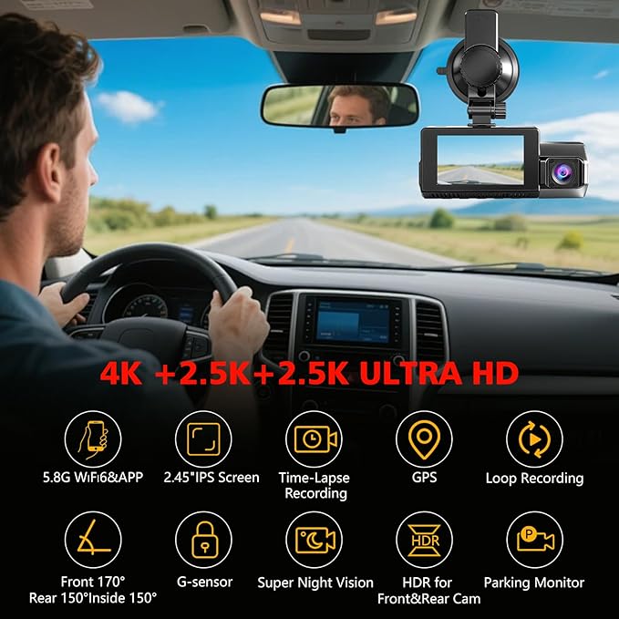 4K+2.5K+2.5K Dash Cam, STARVIS 2 Sensor, Dash Camera 3-Channel, Free 64GB Card, Dashcam with 5G WiFi GPS, G-Sensor,Loop Recording, HDR, 24H Parking Monitor, Time-Lapse Recording, 256GB Max