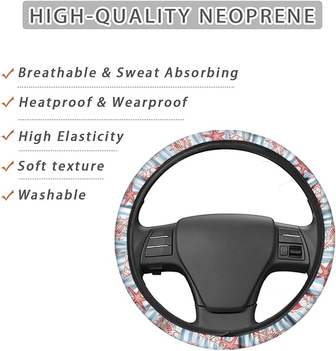 AFPANQZ Auto Steering Wheel Covers Comfort Anti-Slip Safety Stretch-on 14-15 inch, Starfish Shell Print Easy Fix Machine Washable Steering Wheel Protection