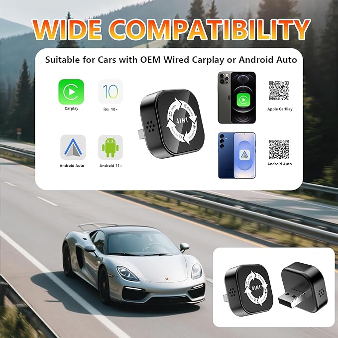 4 in 1 Wireless Carplay Adapter 2026 Upgrade, Ultra-mini Size USB Design Wired to Wireless Adapter for Apple Carplay & Android Auto & Airplay & Mirror Link, Plug and Play (Black)