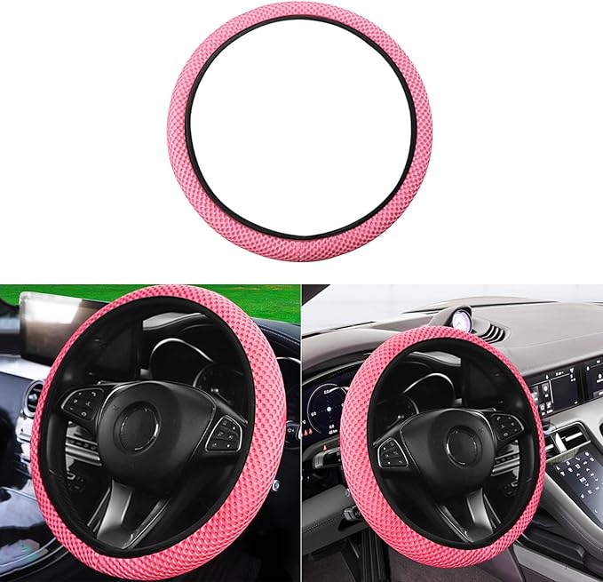 Elastic Stretch Car Steering Wheel Cover, Comfortable Steering Wheel Cover Universal for 14.5-15 Inch, Warm in Winter & Cool in Summer, Anti-Slip Breathable Ice Silk (Pink)