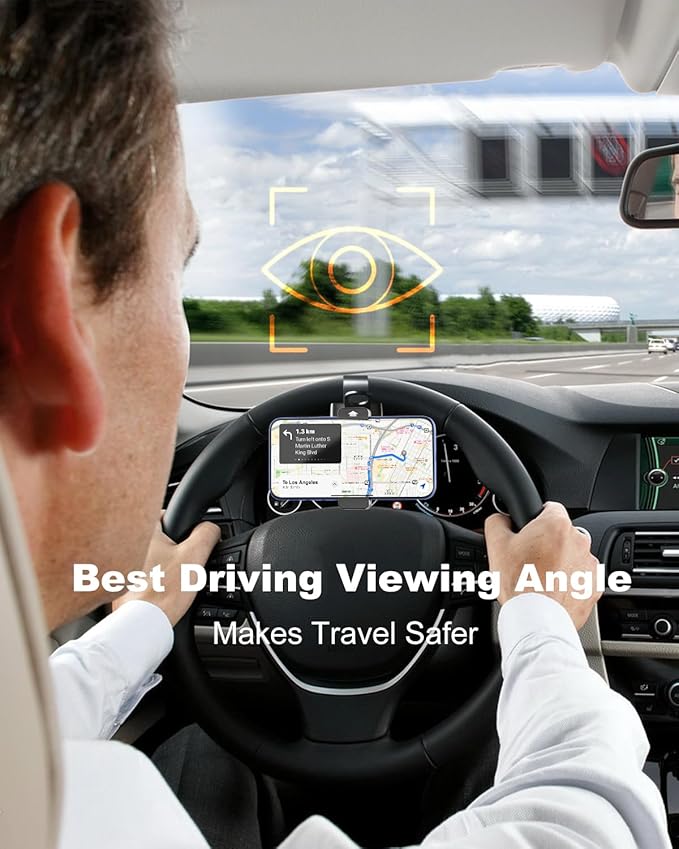 Steering Wheel Phone Holder for Car [Never Fall] 360° Adjustment Steering Wheel Phone Mount for Truck/Tesla/Pickup/Golf Cart/SUV, Compatible with iPhone 17 Pro Max 16 15 Ai Plus Smartphone