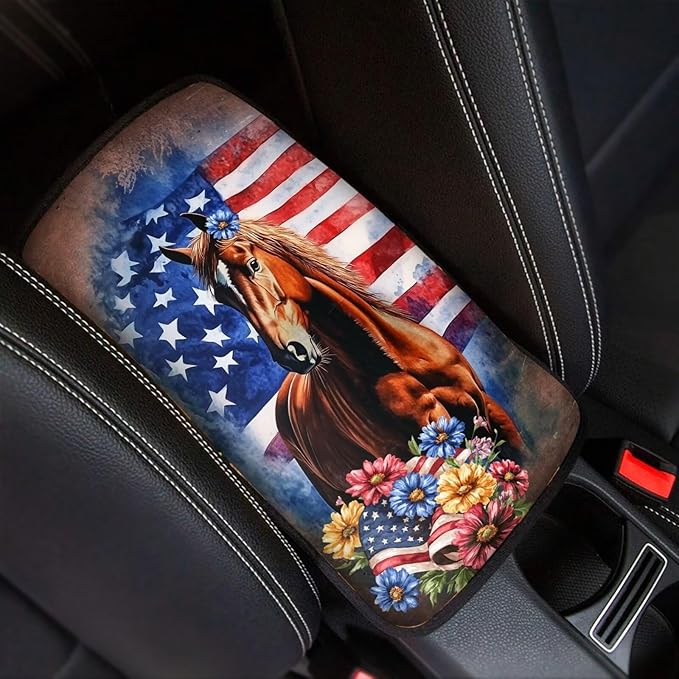 Suobstales Horse Daisy American Flag Print Car Armrest Pad Soft Center Console Arm Rest Protector Cover Universal Car Interior Accessories Decoration