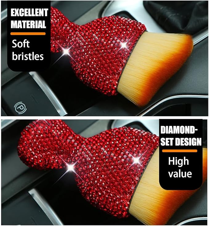 zipelo Auto Interior Dust Brush, Car Detailing Cleaning Brush with Diamond, Bling Handle Soft Bristles Dusting Tool, Scratch Free Dirt Clean Brushes for Vehicle Dashboard, Air Conditioner Vent (Red)