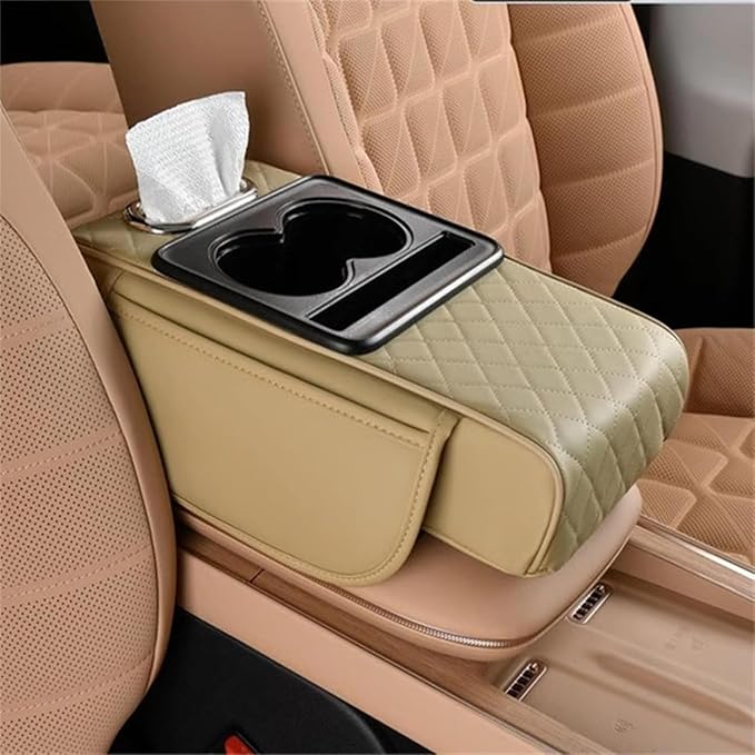 Car Center Console Cover for Hyundai Tucson 2021-2024, Leather Armrest Cushion Protector Pad with Tissue Box Holder Storage Pockets Cup Holder Phone Slot, E/Beige