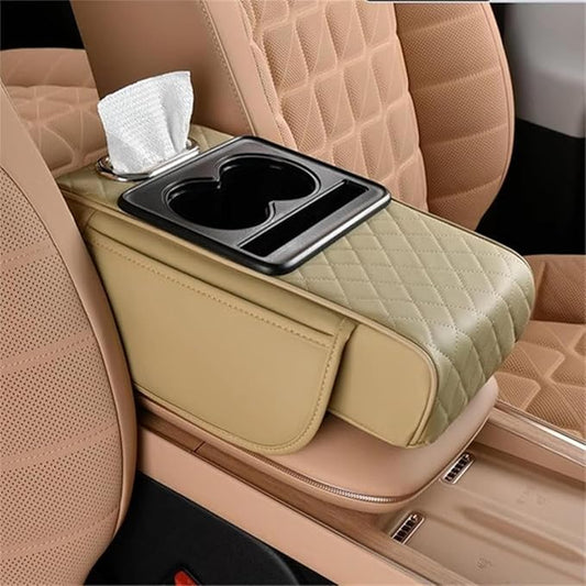 Car Center Console Cover for Hyundai Tucson 2021-2024, Leather Armrest Cushion Protector Pad with Tissue Box Holder Storage Pockets Cup Holder Phone Slot, E/Beige