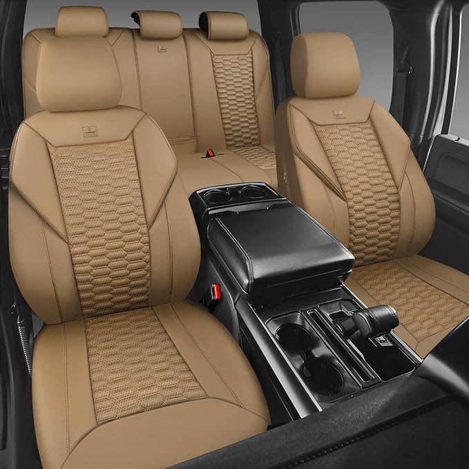 CAR PASS 3D Foam PU Leather Car Seat Covers Full Set,Tan Breathable Faux Leather Seat Covers for Car,Anti Slip Universal Fit for SUVs Vans Sedan Truck Automotive,Armrest Airbag Compatible All Beige