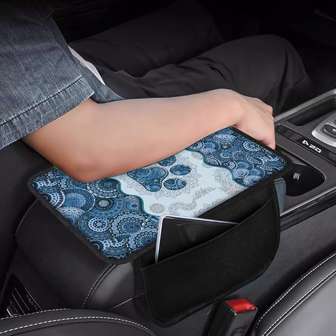 Boho Mandala Dog Paw Pattern Car Armrest Cover with Side Pockets Stretchy Car Armrest Cushion Wear-Resistan Automobile Box Cover Protector Center Console Armrest Cover Pad, Blue