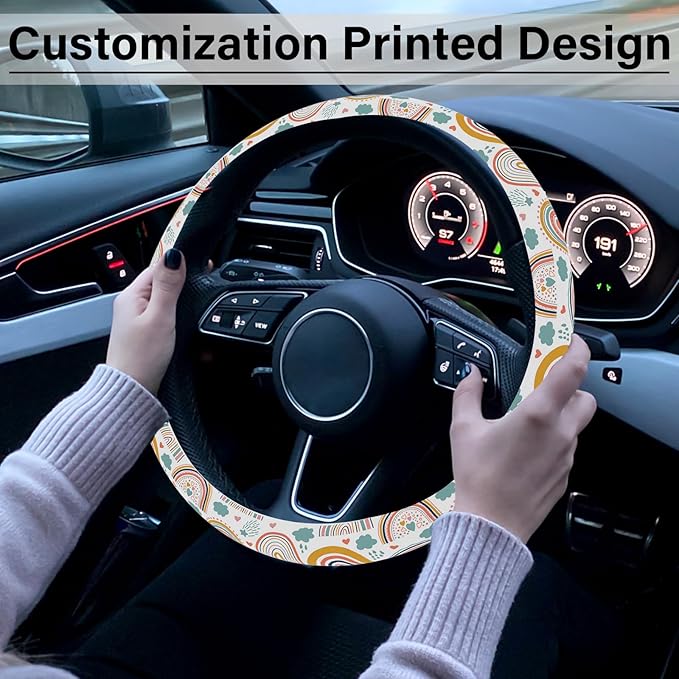 Boho Rainbow Steering Wheel Cover, Cute Print Steering Wheel Cover Protector, Ultra Thin Breathable Non-Slip, Car Accessories for Women, for Steering Wheel with a Diameter of 14.5"-15"