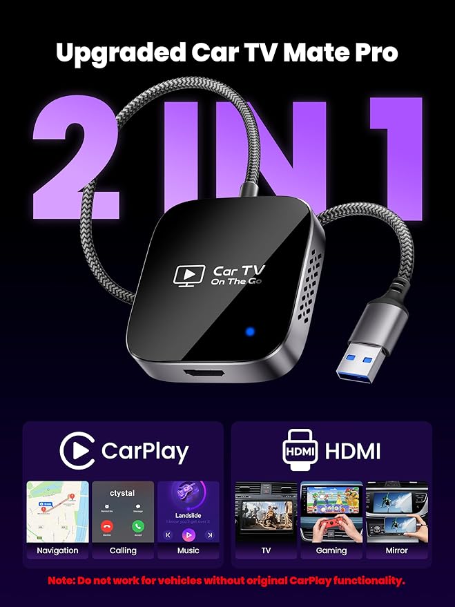 2-in-1 Wireless CarPlay Adapter & Car TV Mate Pro 2026 [Metal & Glass Case] Convert Wired to Wireless Car Play with HDMI Input for TV Stick, Screen Mirroring & Streaming, Fit for 2016+ Cars -Black