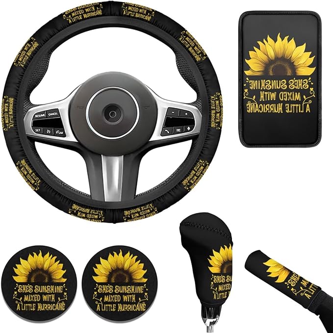 Sunflower Car Accessories 6 Pcs Sets Sunflower Car Steering Wheel Cover Set for Men Women Auto Interior Accessories Cup Holder Fit Vans Trucks,SUV