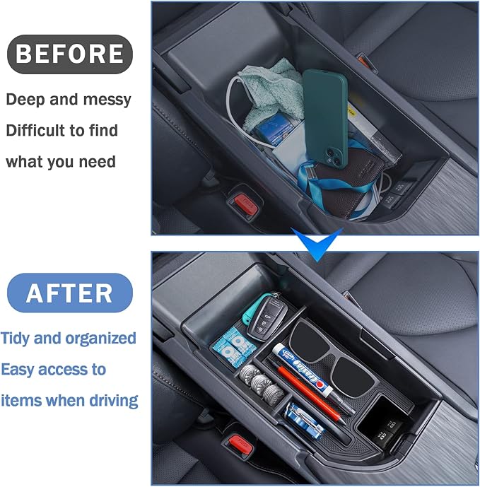 TOPINSTALL Center Console Tray Compatible with 2018-2024 Toyota Camry XLE XSE and 2020-2024 Camry LE SE with Dual USB Ports, Interior Accessories Armrest Console Organizer (Not for 2025)