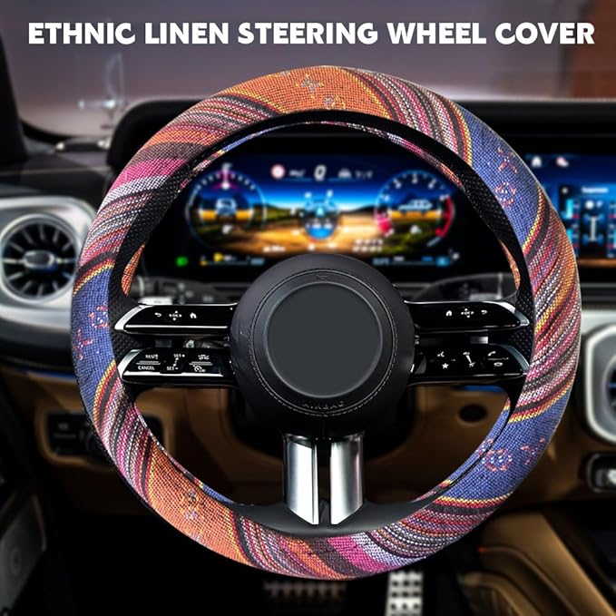 Boho Steering Wheel Cover, Steering Wheel Cover Women, 15 inch Hippie Style Protector Covers, Universal Ethnic Flax Cloth Car Accessories Universal for SUV Van Truck (Hippie-C)