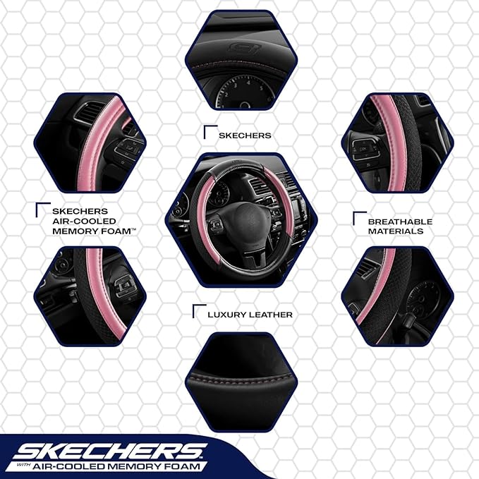 Skechers Air-Cooled Steering Wheel Cover,Leather Car Steering Wheel Cover Universal Fit 14" 1/2-15" Car Wheel Protector for Men Women Fit Suvs,Vans,Sedans,Car,Trucks,Pink