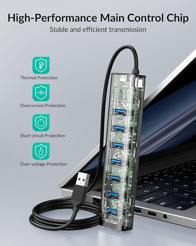 GiGimundo USB 3.0 Hub, 7-Port USB Extender Hub with 3.3FT Long Cable, USB Splitter, Aluminum High-Speed 5Gbps USB Hub for PC, Laptop, Desktop, Computer, PS5, XPS(Gray,1M)