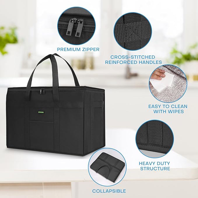 JUNGYOON Heavy-Duty Insulated Grocery Bags & Insulated Bag – Collapsible Cooler Bag with Zippered Top