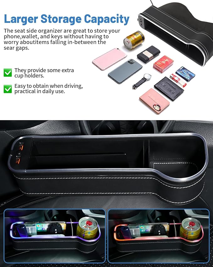Shademax RGB Color Changing LED Car Seat Gap Filler Organizer Console Side Seat Gap Storage Box with Cup Holders and USB Chargers for Car Interior Accessories (2 Pack)
