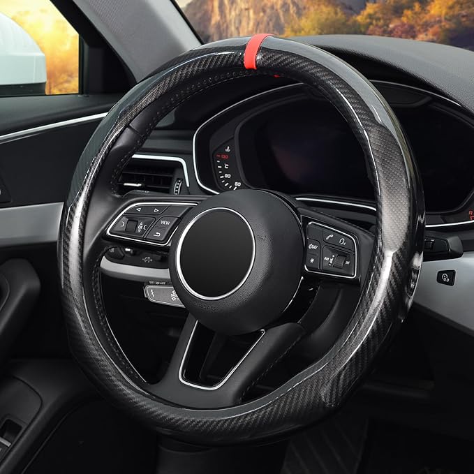 ZHOL 16 inch Steering Wheel Cover Carbon Fiber, Compatible Large-Size for F150 F250 F350 Ram 4Runner Tacoma Tundra Range Rover Model Car Accessories for Women Men