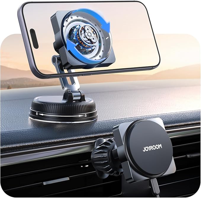 JOYROOM for MagSafe Car Mount Charger, [Smart Fingerprint-Touch Rotation] 15W MagSafe Wireless Car Charger[Vacuum & Gel 360° Base] Air Vent Dashboard Set for iPhone 17 16 15 14 13 12 Series, Black