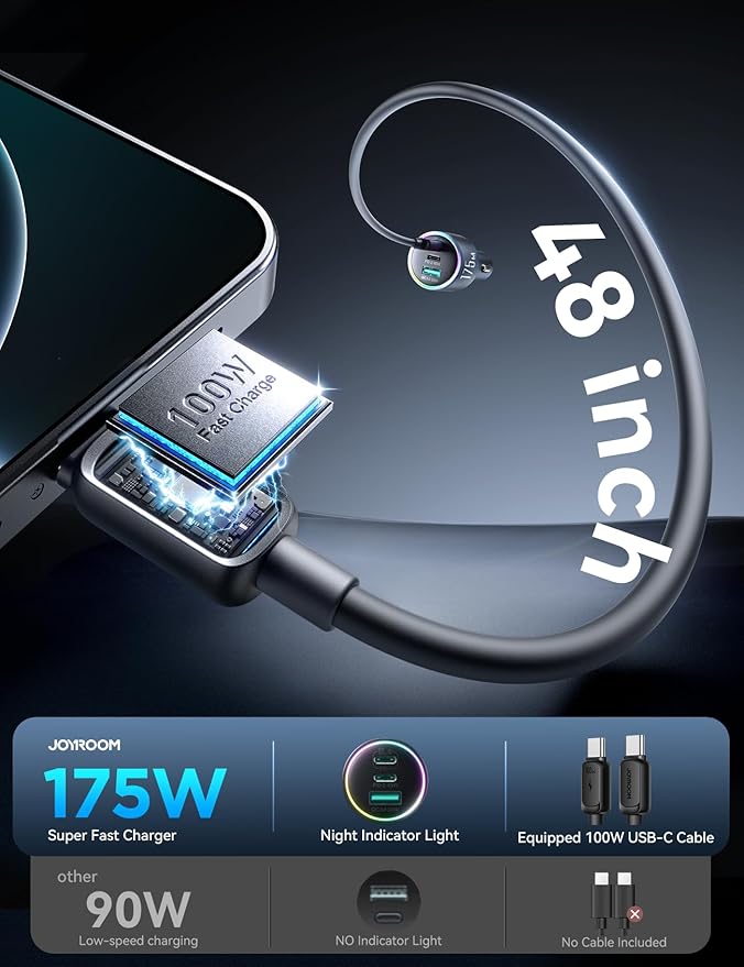 JOYROOM 175W Car Charger USB C Fast Charge [GaN] 3-Port Type C Super Fast Car Charger with USBC Cable, Car Cigarette Lighter Adapter for iPhone 17/16/15 Series, Galaxy S26/25, MacBook, iPad and More