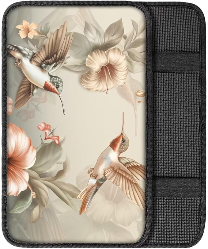 Coldinair Vintage Hummingbird Floral Car Armrest Cover,Auto Center Console Pad,Soft Seat Box Cover Protector Cushion,Car Accessories Decor for Most Cars,Sedan,Truck,SUV