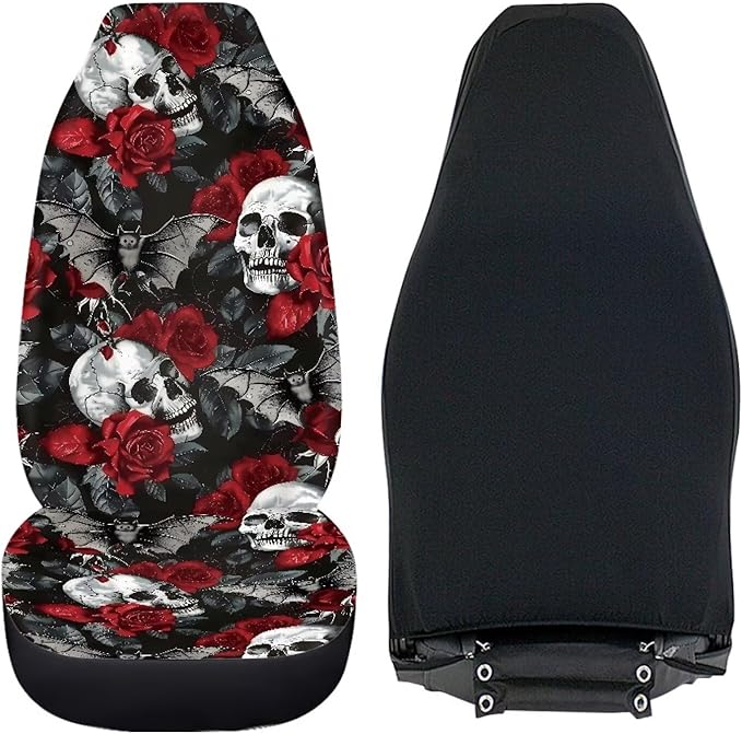 Skull Red Rose Car Seat Covers Universal Front Car Seats Anti-Slip Back Fabric Removable Automotive Accessories Suitable for Cars, SUV and Trucks