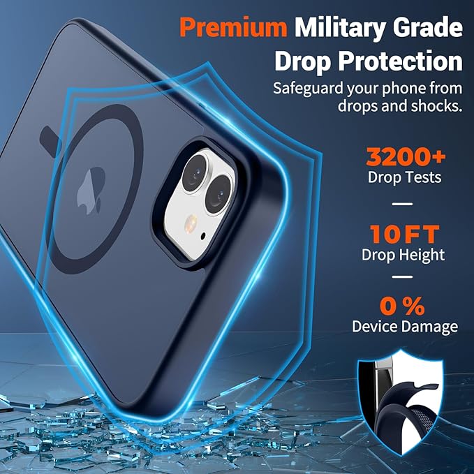 SUPFINE Magnetic for iPhone 12 Case/iPhone 12 Pro Case with Screen Protector (Compatible with MagSafe)(Military Grade Drop Protection) Translucent Matte Shockproof Phone Cover,Dark Blue