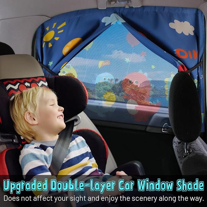 Car Window Shades, 2 PCS Magnetic Double Layer Sun Shade, Side Windows Privacy, Full Covers/Half Shade Options, Cute Dinosaurs, Compatible with Car, SUV, Minivan