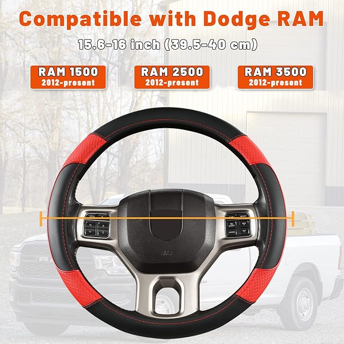GIANT PANDA Car Steering Wheel Cover for Dodge Ram 1500 2500 3500 15.5-16 inches - Black+Red