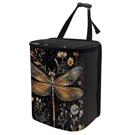 Gold Dragonfly Car Trash Can with Lid, Cute Leakproof Car Trash Garbage Bag Hanging Vehicle Trash Bin Small Portable Automotive Garbage Cans Organizer for Back/Front Seat/Console