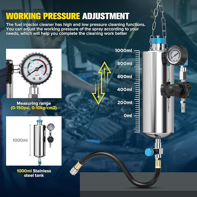 Fuel Injector Cleaner Tool Kit;Non-Dismantling1000ML Fuel Injection System Cleaner with 21PC Adapter; 150PSI Pressure Adjustment for Gasoline Injector/Pressure Regulator/Release Cars/Intake System