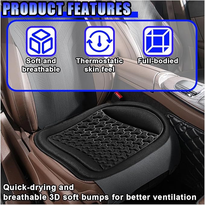 Car Seat Cushion, Comfort Cool Ice Silk Fibers Automotive Front Seats Pad, Non-Slip Breathable Auto Guard Seat Cushion, Drivers Seats Protector Covers for Vehicle, Home, Office (Black)