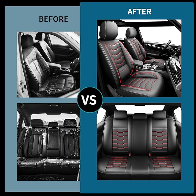 Fit Tucson Car Seat Covers Premium Leather for Hyundai Tucson 2010-2025 2026. Waterproof， Breathable, Scratch-Resistant & All-Weather Seat Cushion Protector (Full Set, Red Line Black)